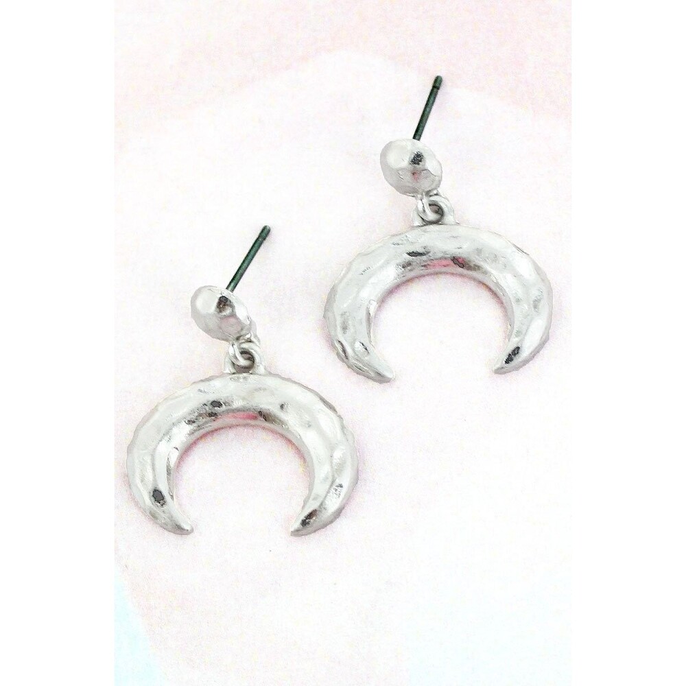 Crave Silver Tone Crescent Moon Hammered Dangle Earrings Boho Celestial Jewelry